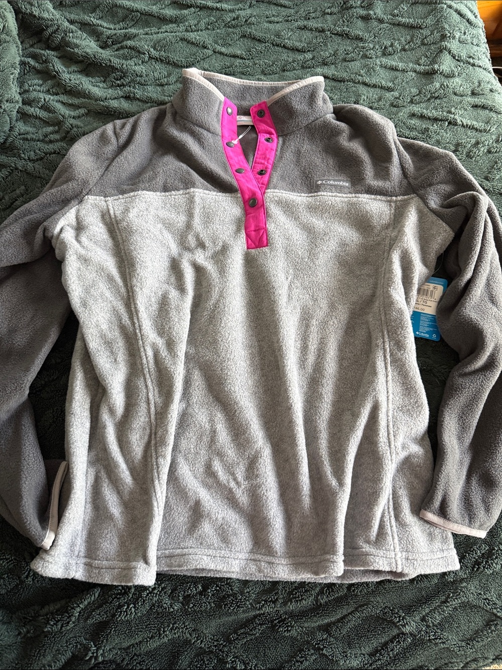 Columbia Two-Tone Gray Fleece Pullover with Pink Snap Placket
